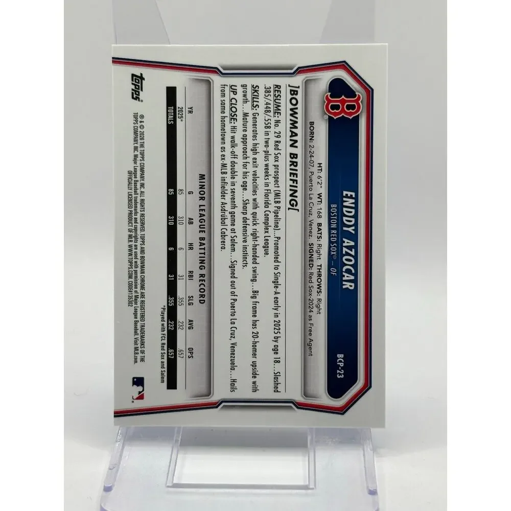2026 Bowman Sapphire Enddy Azocar Chrome 1st Prospect Boston Red Sox